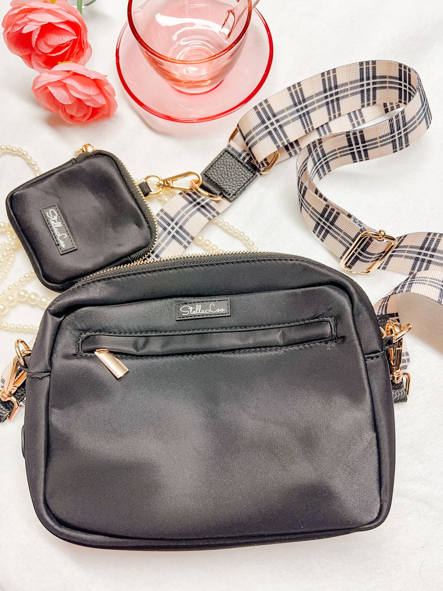 Black with Plaid Straps Dog Mom Bag