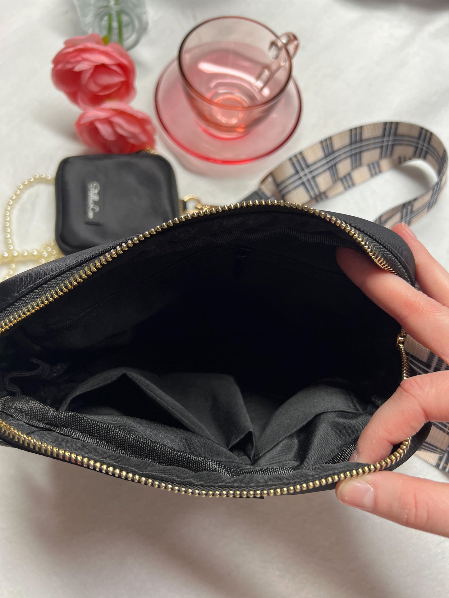 Black with Plaid Straps Dog Mom Bag