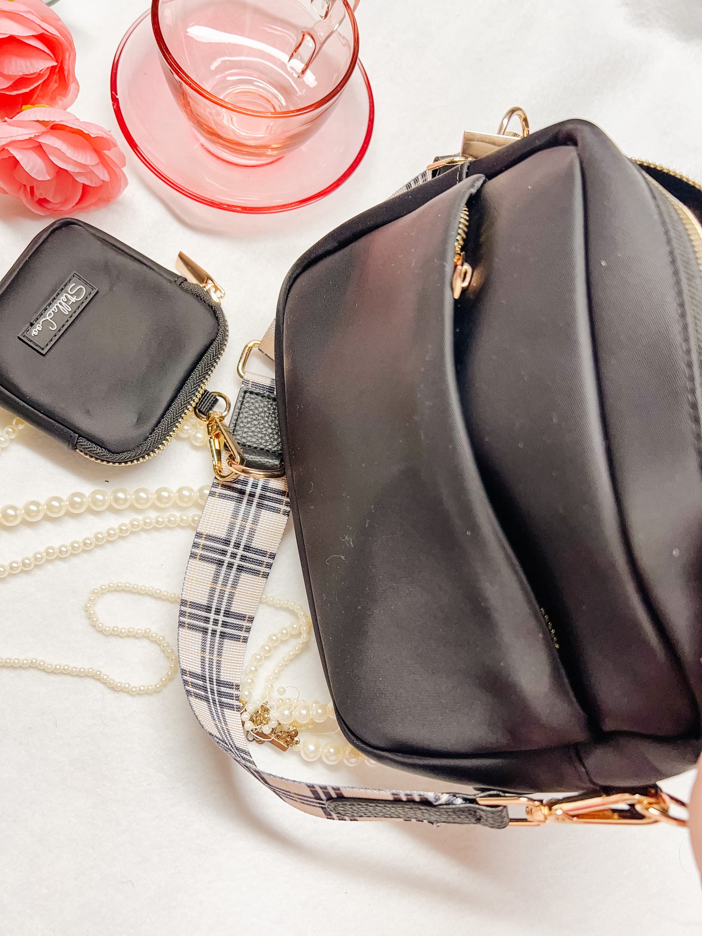 Black with Plaid Straps Dog Mom Bag