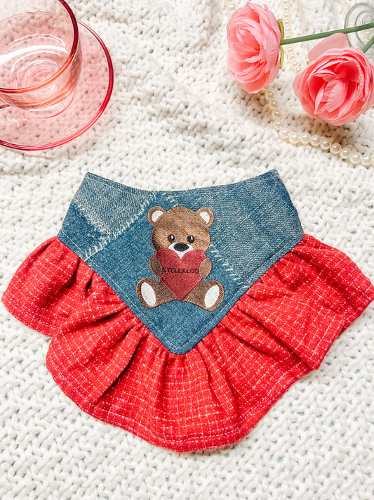 Denim Teddy Heart with Ruffle